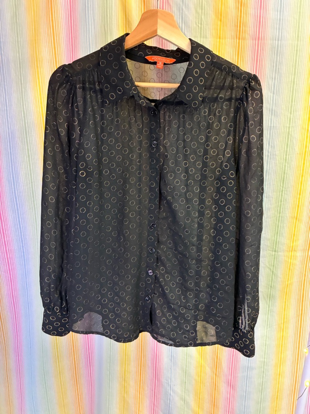 ModCloth Black Sheer Blouse with Metallic Gold Circle Pattern Size M